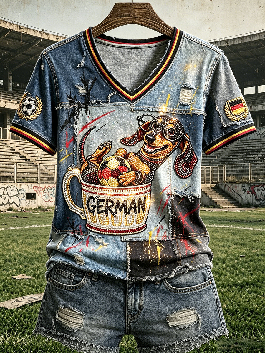 Damen-Puppy-Fußball-Retro-Denim-Patchwork-Print-Lässiges V-Ausschnitt-T-Shirt