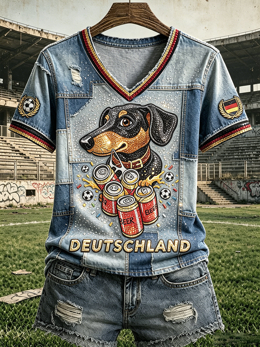 Damen-Dackelfußball-Cowboy-Patchwork-Print-Lässiges V-Ausschnitt-T-Shirt