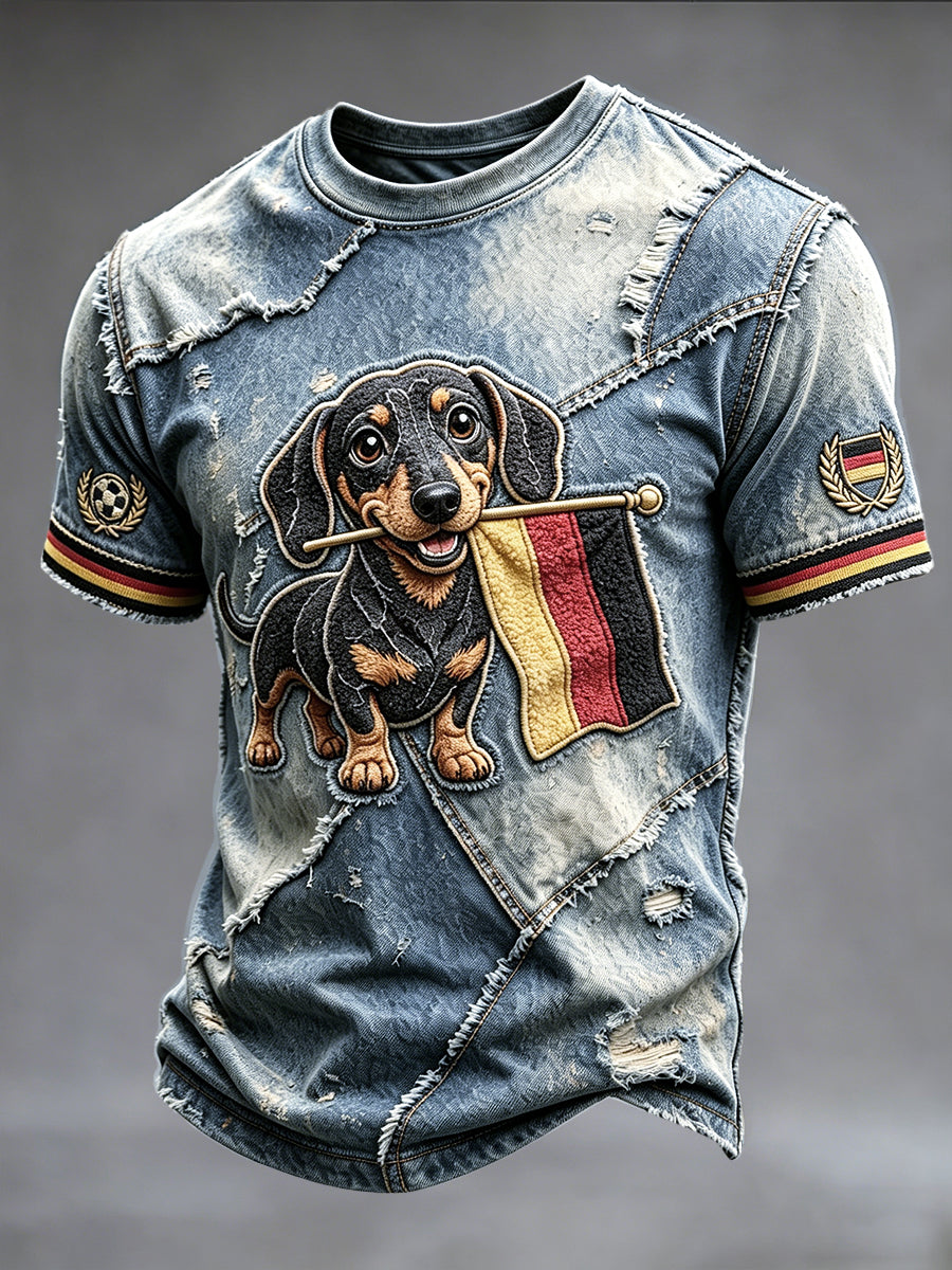Herren-Retro-T-Shirt im Fußballstil mit deutscher Flagge, Denim-Optik und Patchwork-Print, lässig geschnitten