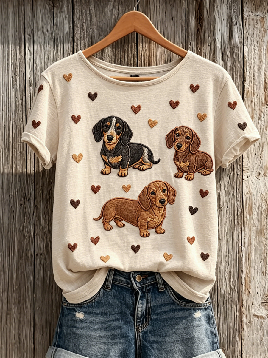 Damen-T-Shirt mit niedlichem Dackel- und Herz-Muster, Kurzarm
