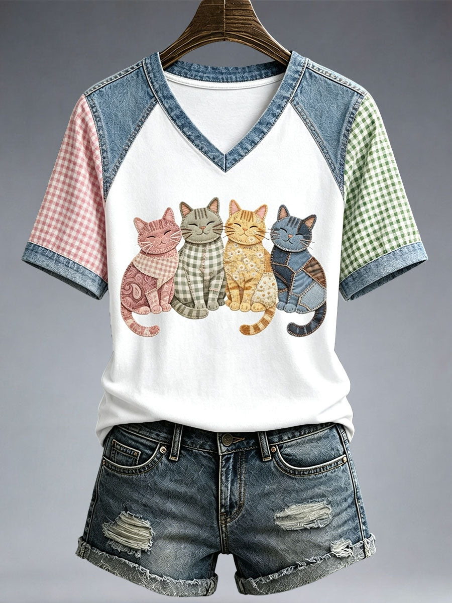 Damen-T-Shirt mit niedlicher Katzen-Patchwork-Optik