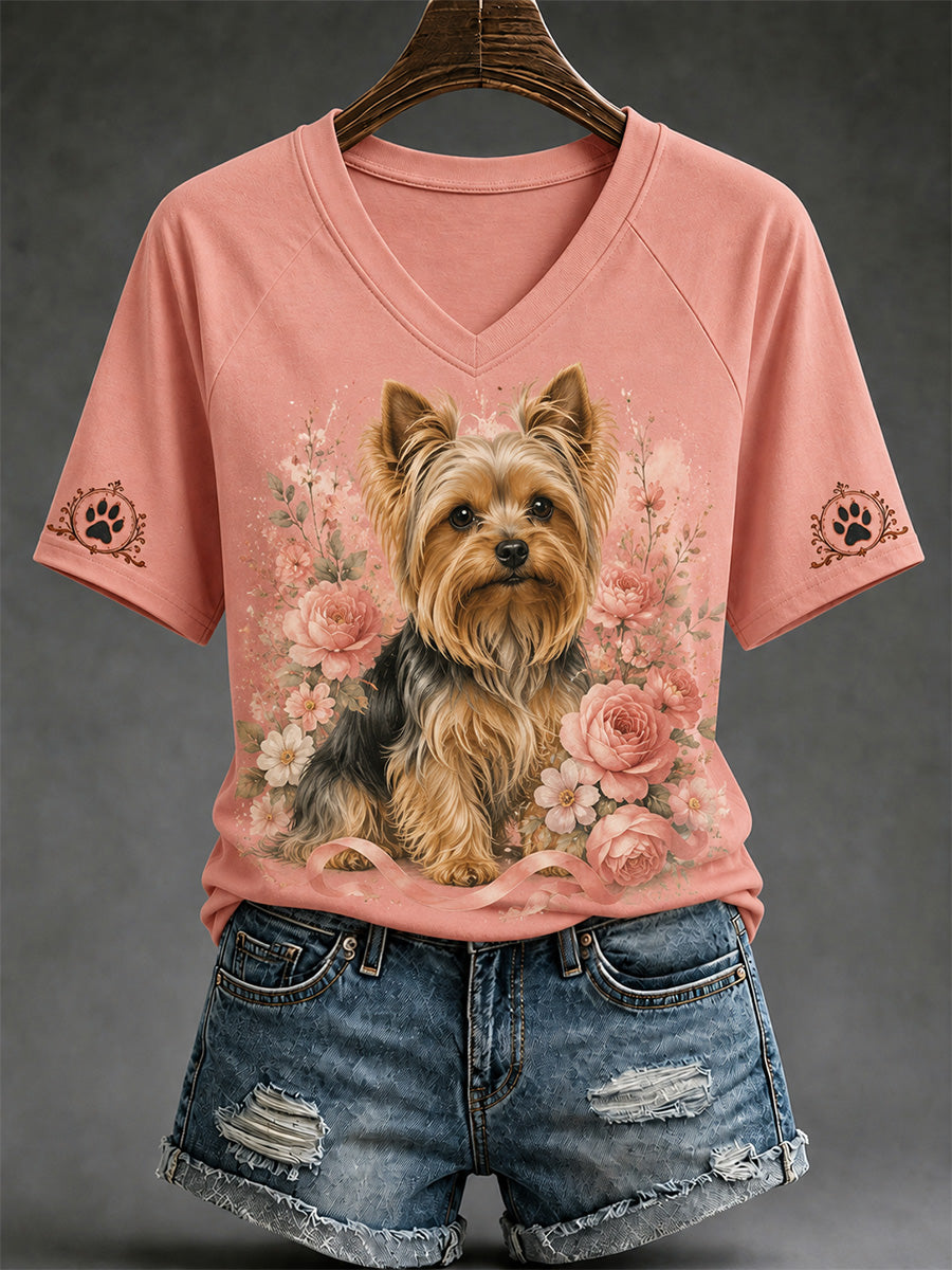 Damen-Retro-T-Shirt mit Hunde-Print und V-Ausschnitt, lässig geschnitten