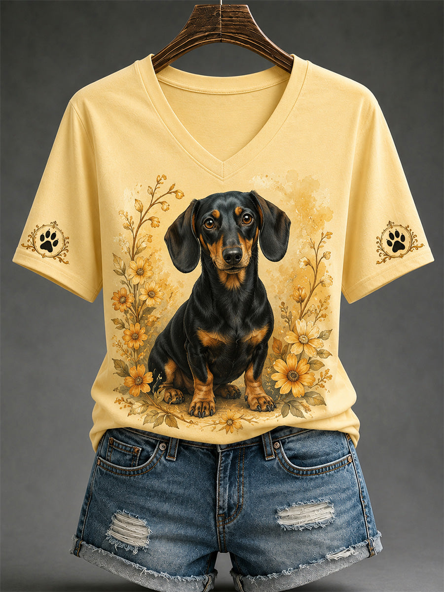 Damen-Retro-T-Shirt mit Hunde-Print und V-Ausschnitt, lässig geschnitten