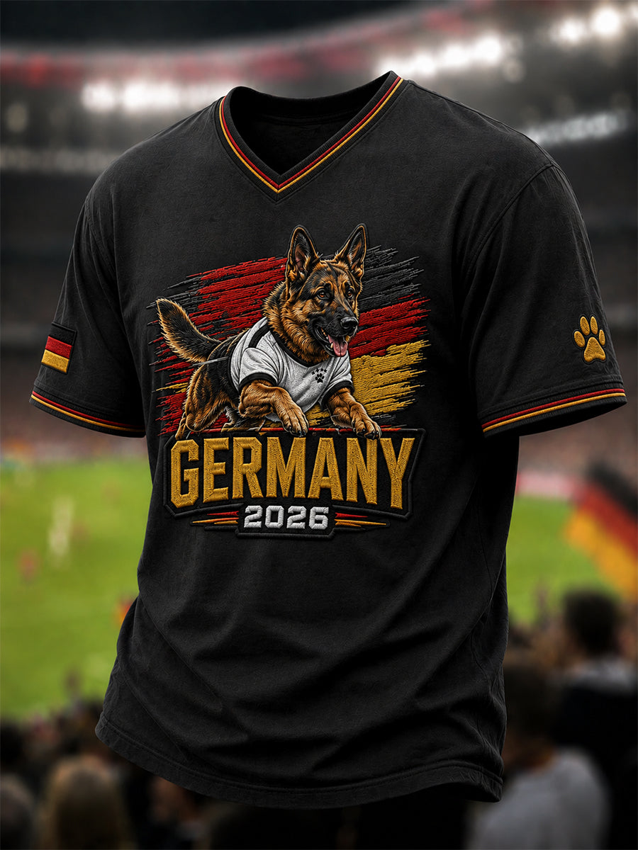 Herren-T-Shirt mit V-Ausschnitt, Motiv: Deutscher Schäferhund und Fußball