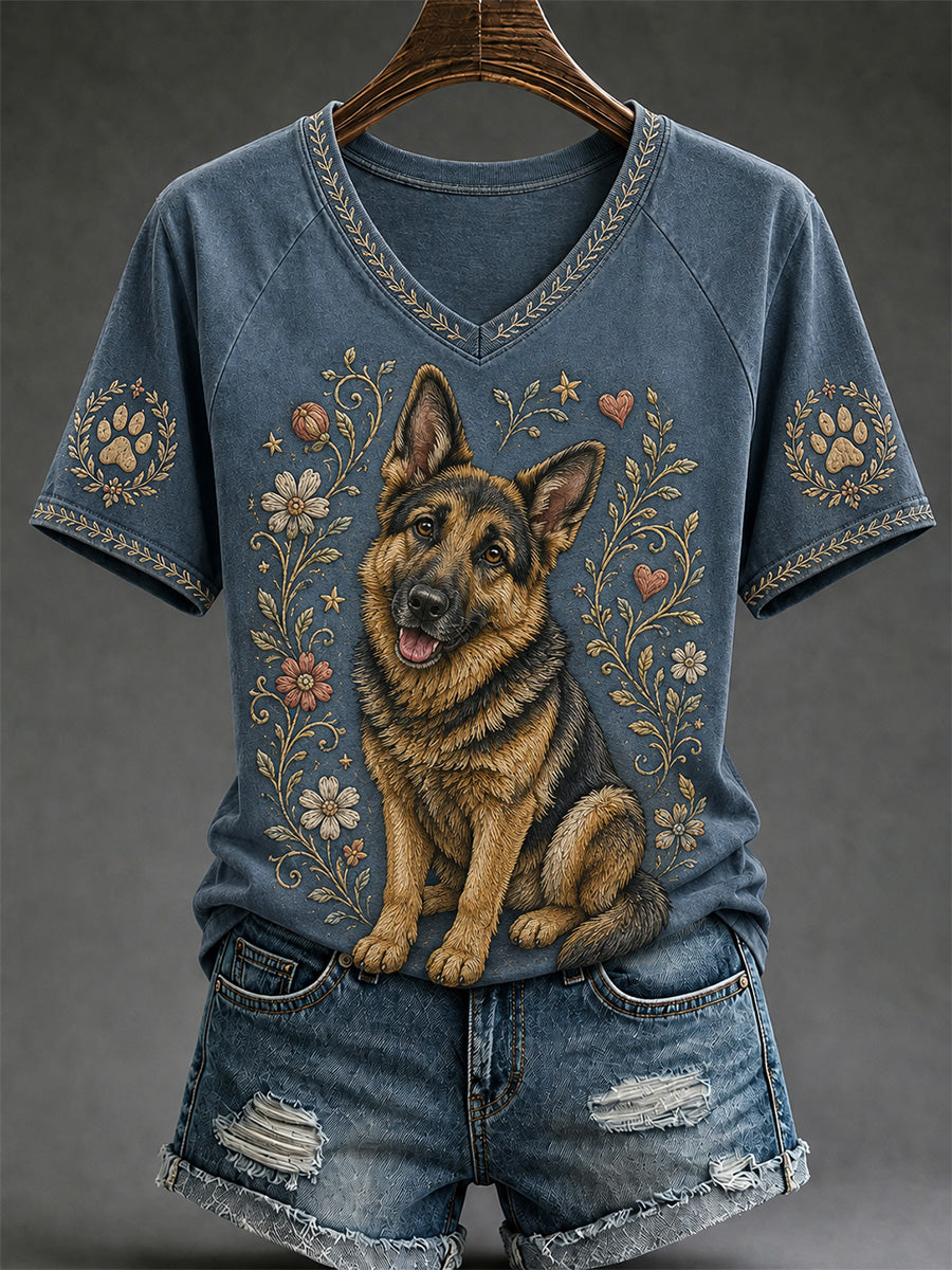 Damen-Retro-T-Shirt mit Hunde-Print und V-Ausschnitt, lässig geschnitten