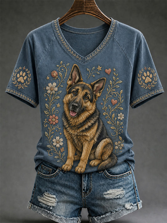 Damen-Retro-T-Shirt mit Hunde-Print und V-Ausschnitt, lässig geschnitten