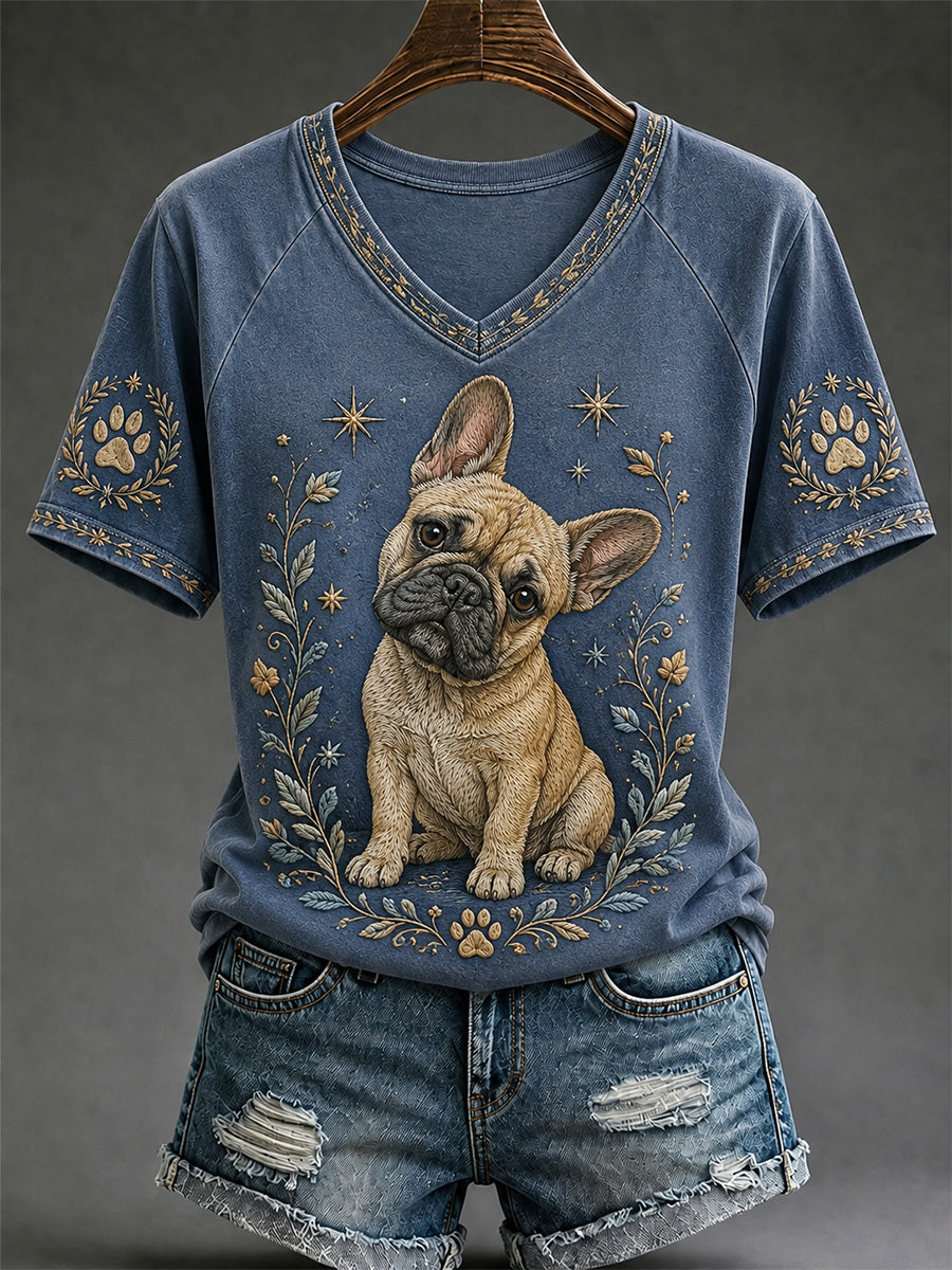 Damen-Retro-T-Shirt mit Hunde-Print und V-Ausschnitt, lässig geschnitten