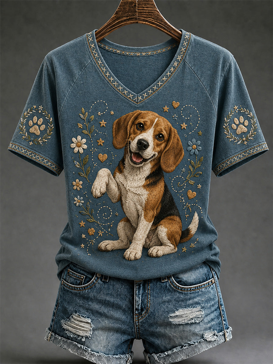 Damen-Retro-T-Shirt mit Hunde-Print und V-Ausschnitt, lässig geschnitten
