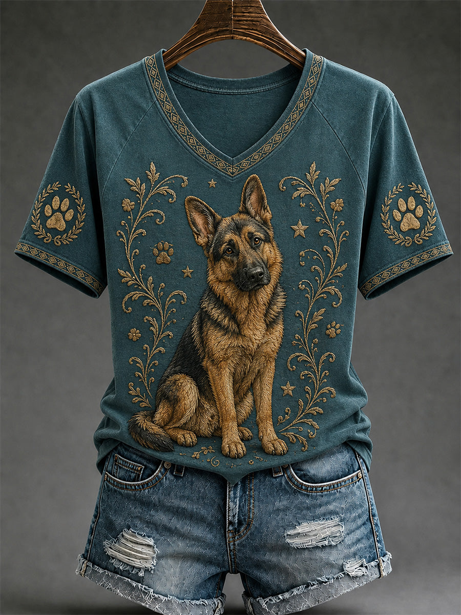 Damen-Retro-T-Shirt mit Hunde-Print und V-Ausschnitt, lässig geschnitten
