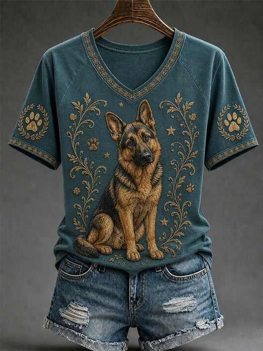 Damen-Retro-T-Shirt mit Hunde-Print und V-Ausschnitt, lässig geschnitten