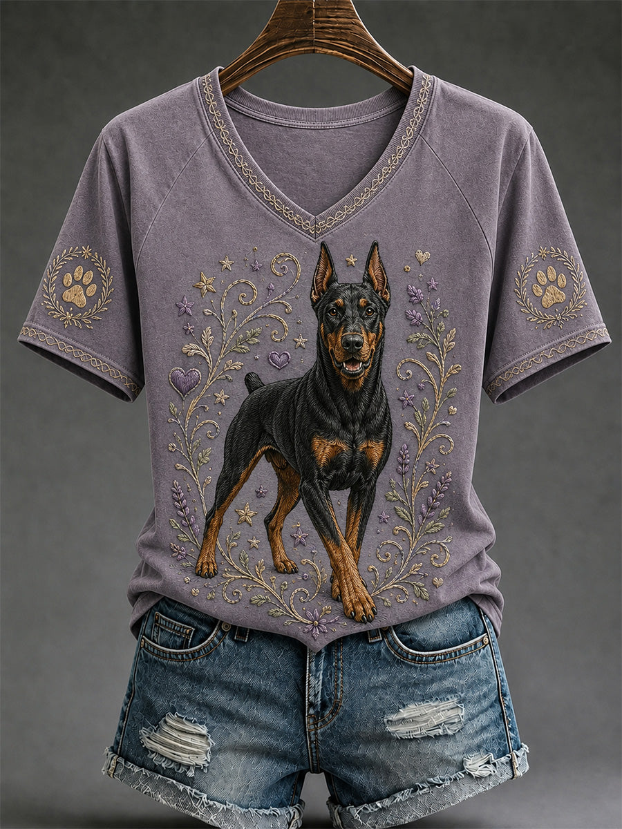Damen-Retro-T-Shirt mit Hunde-Print und V-Ausschnitt, lässig geschnitten