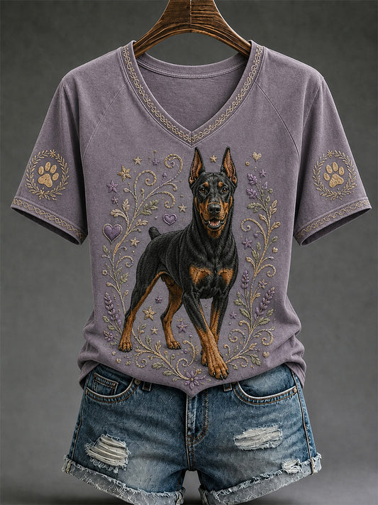 Damen-Retro-T-Shirt mit Hunde-Print und V-Ausschnitt, lässig geschnitten