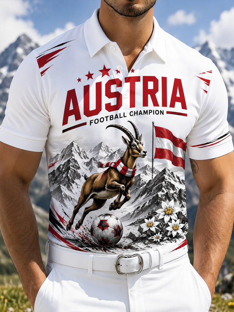 Herren-Poloshirt mit Kunstdruck zum Anfeuern bei österreichischen Fußballspielen