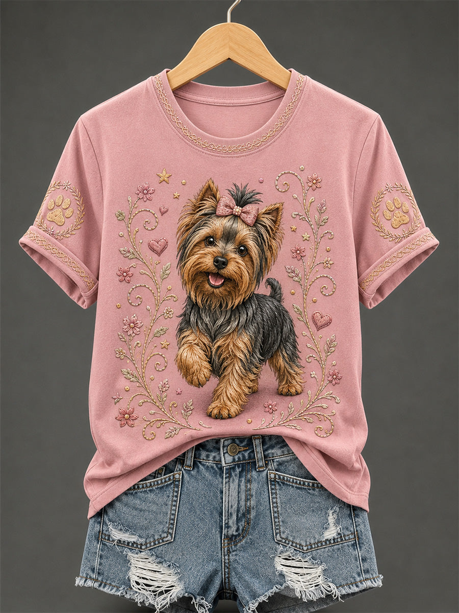 Damen-Retro-T-Shirt mit Blumen- und Hunde-Print, lässig