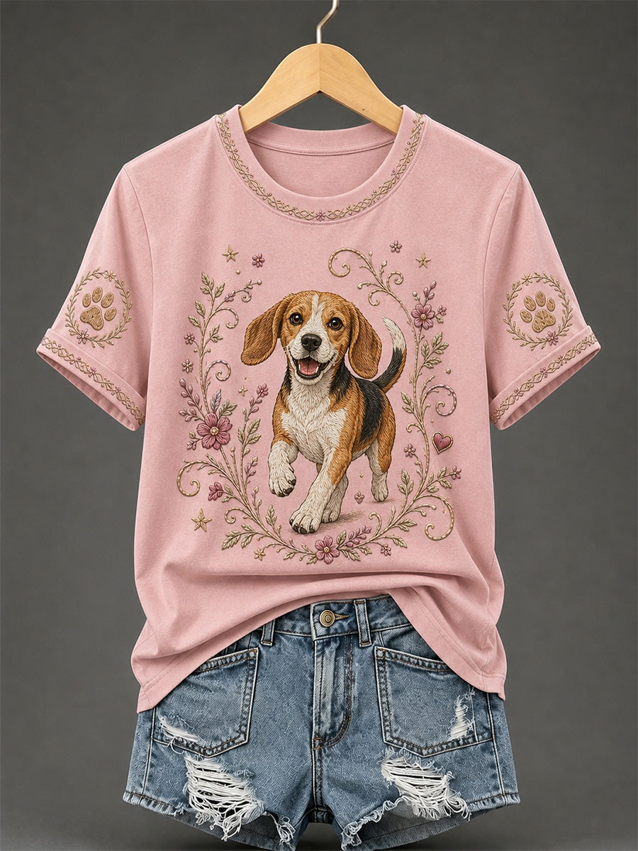 Damen-Retro-T-Shirt mit Blumen- und Hunde-Print, lässig