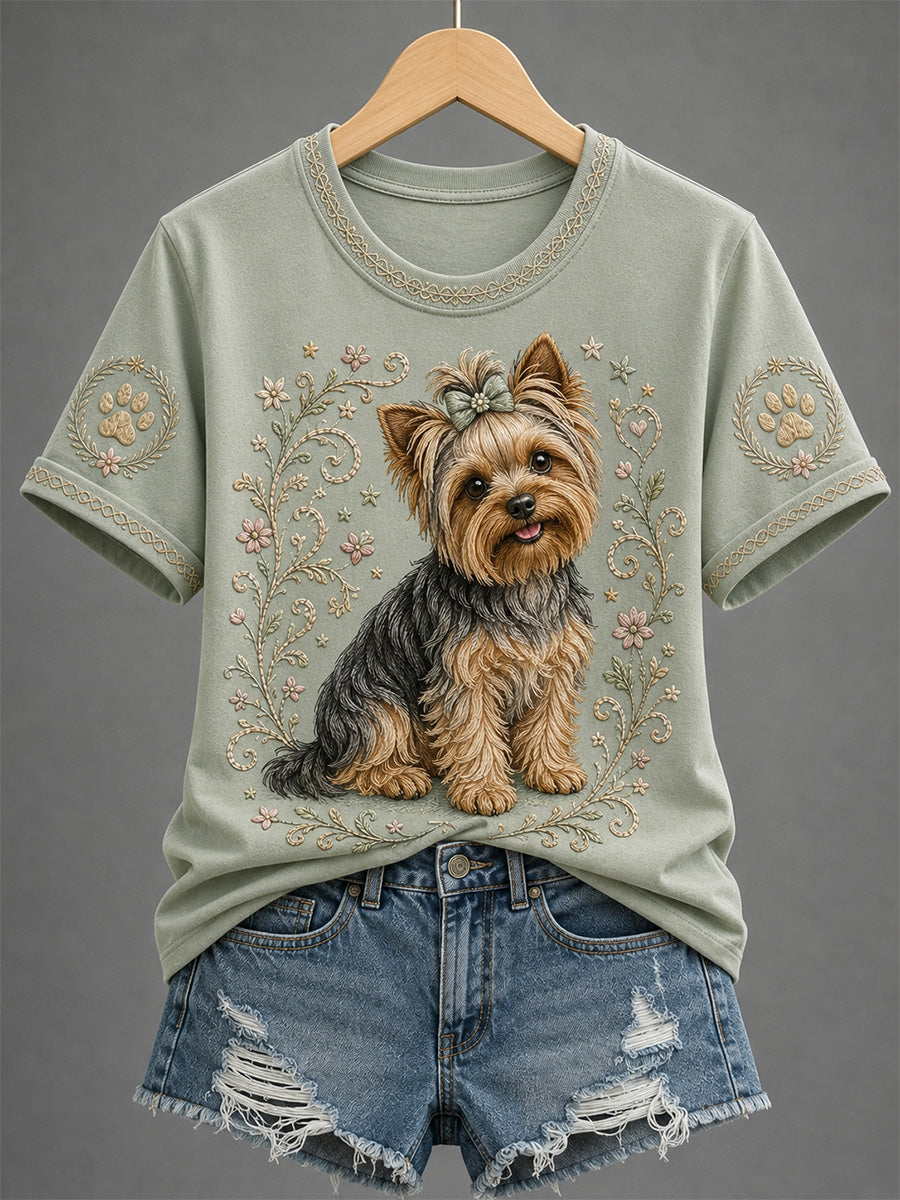 Damen-Retro-T-Shirt mit Blumen- und Hunde-Print, lässig