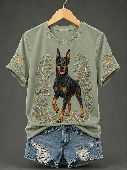 Damen-Retro-T-Shirt mit Blumen- und Hunde-Print, lässig