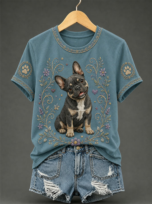 Damen-Retro-T-Shirt mit Blumen- und Hunde-Print, lässig