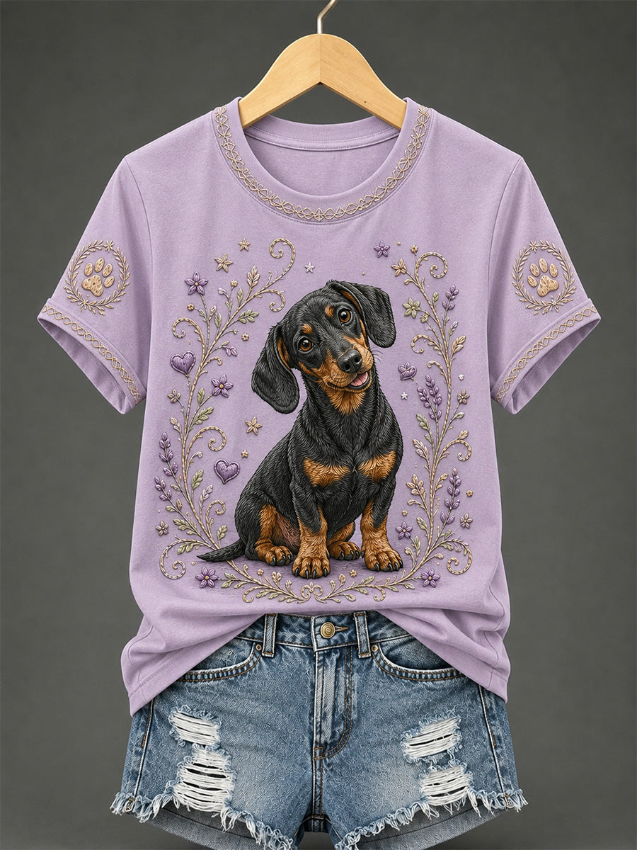 Damen-Retro-T-Shirt mit Blumen- und Hunde-Print, lässig