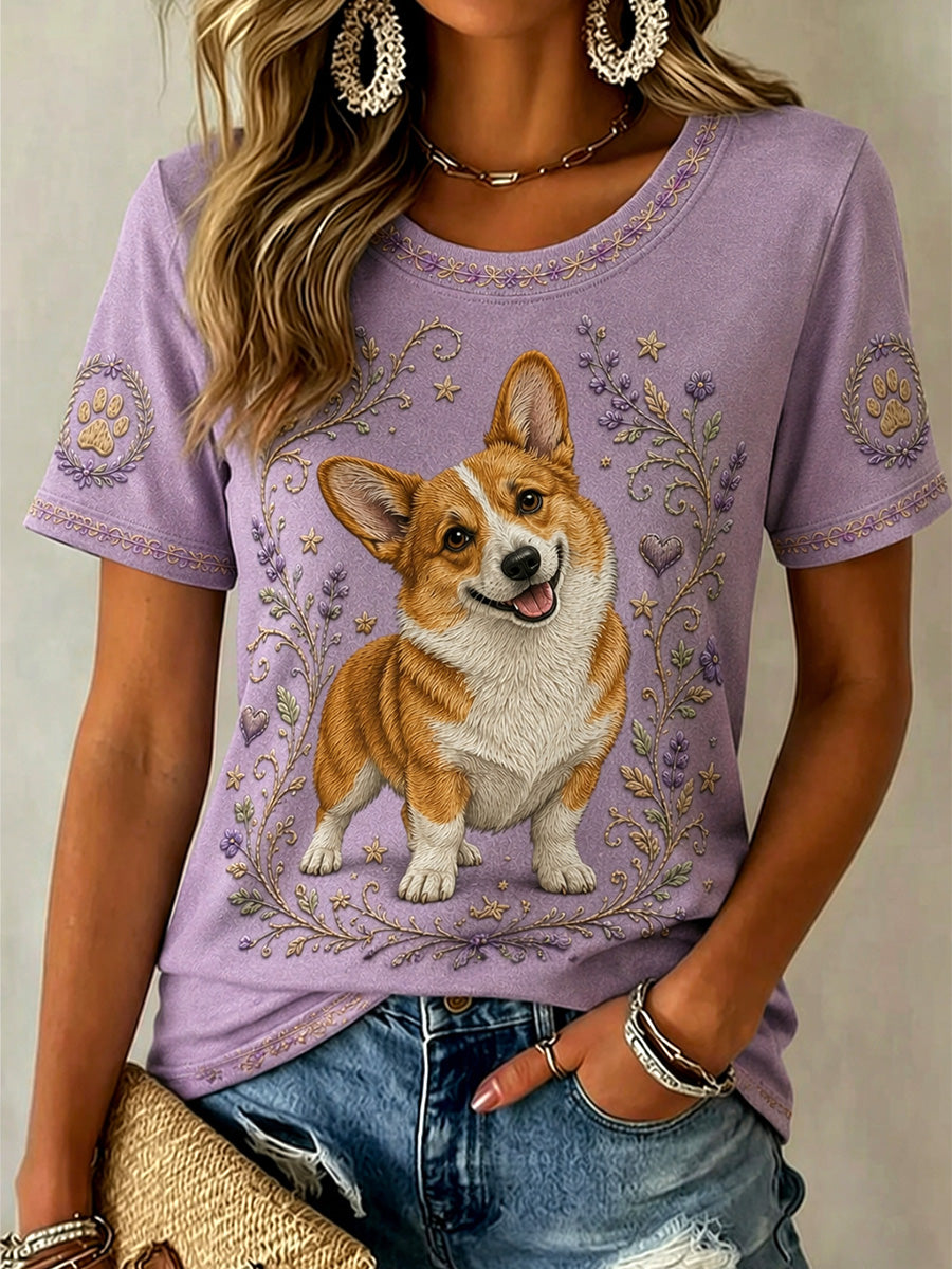 Damen-Retro-T-Shirt mit Blumen- und Hunde-Print, lässig