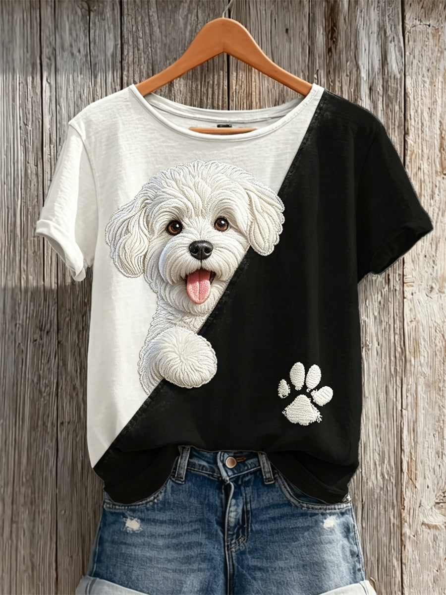 Frauen Peeking Malteser Hund & Pfote Print Kontrast druck Kurzarm T-Shirt