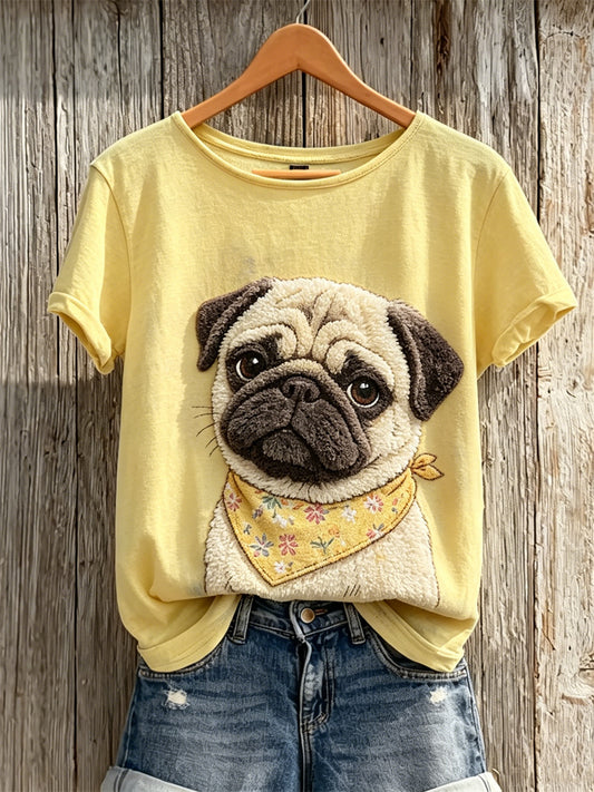 Frauen Fuzzy Mops Dog Print Kurzarm T-Shirt