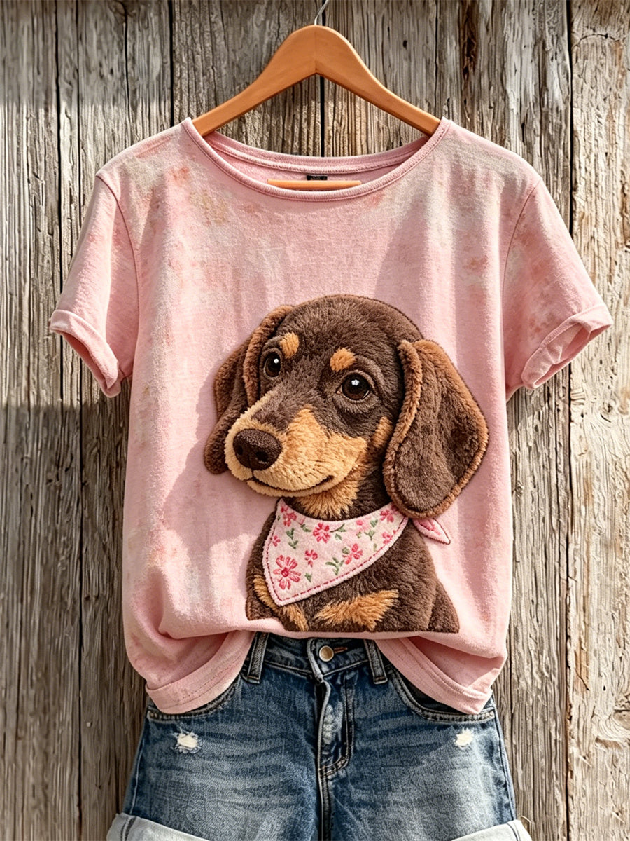 Damen Fuzzy Dackel Dog Print Kurzarm T-Shirt
