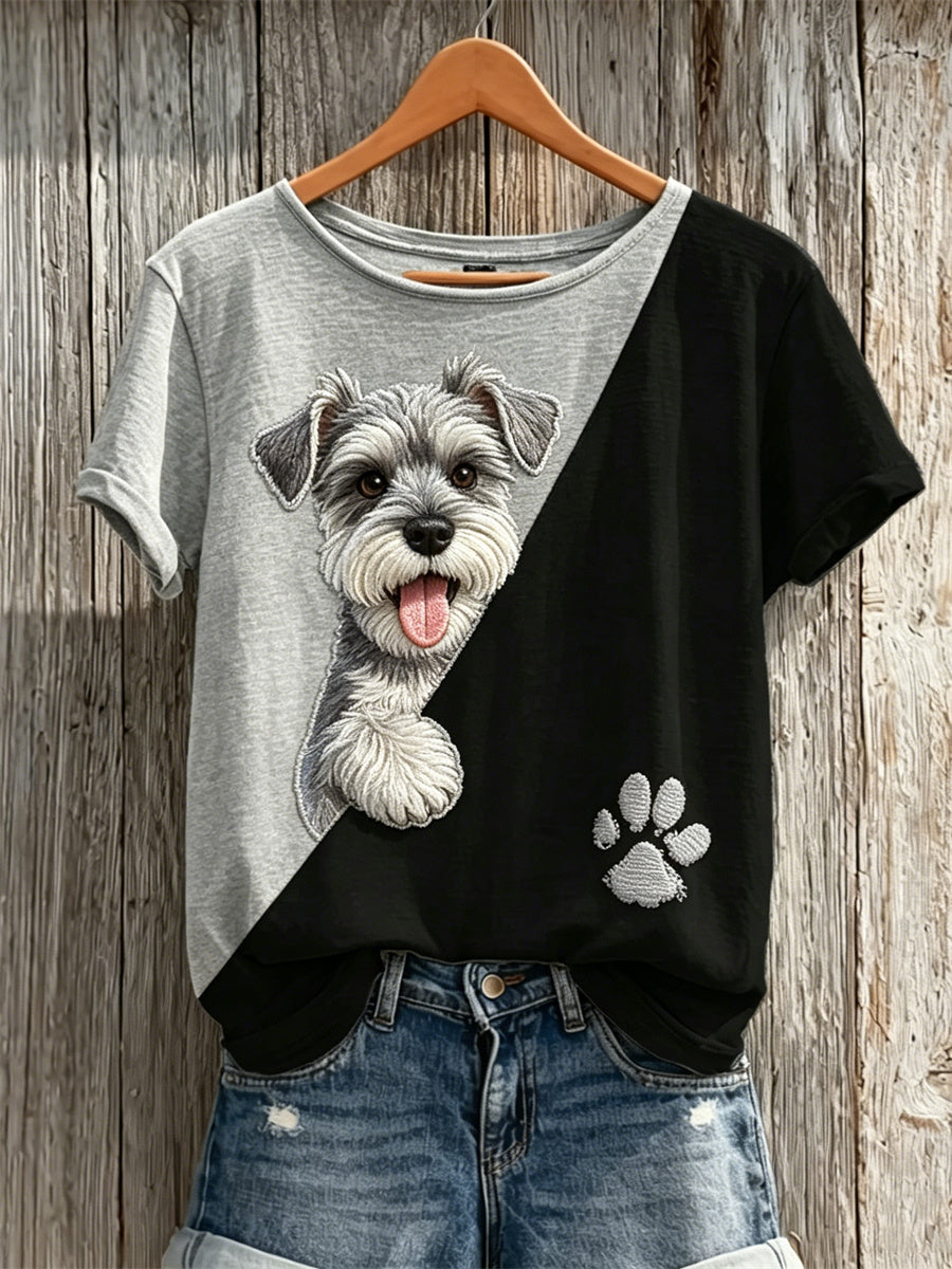 Damen Peeking Schnauzer Hund & Pfote Print Kurzarm T-Shirt mit Kontrast druck