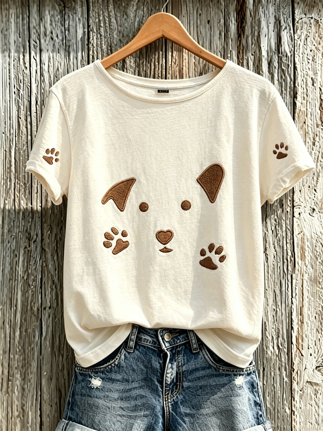 Damen-T-Shirt mit niedlichem Hunde-Muster und kurzen Ärmeln