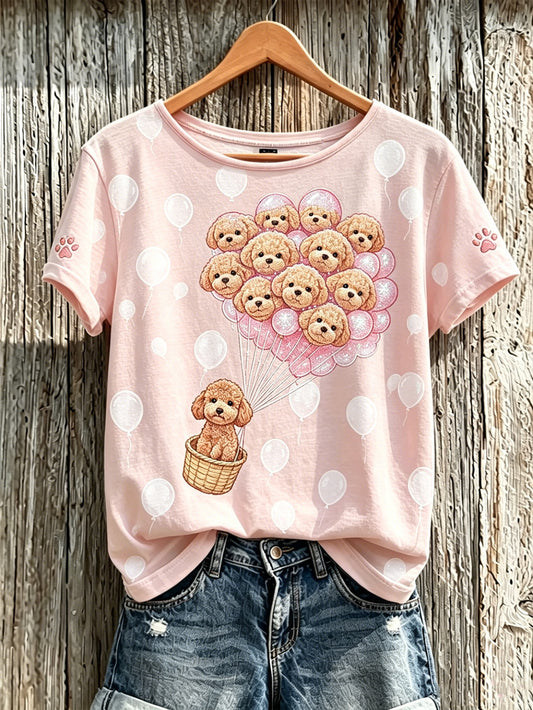 Damen-T-Shirt mit niedlichem Hunde-Muster und kurzen Ärmeln