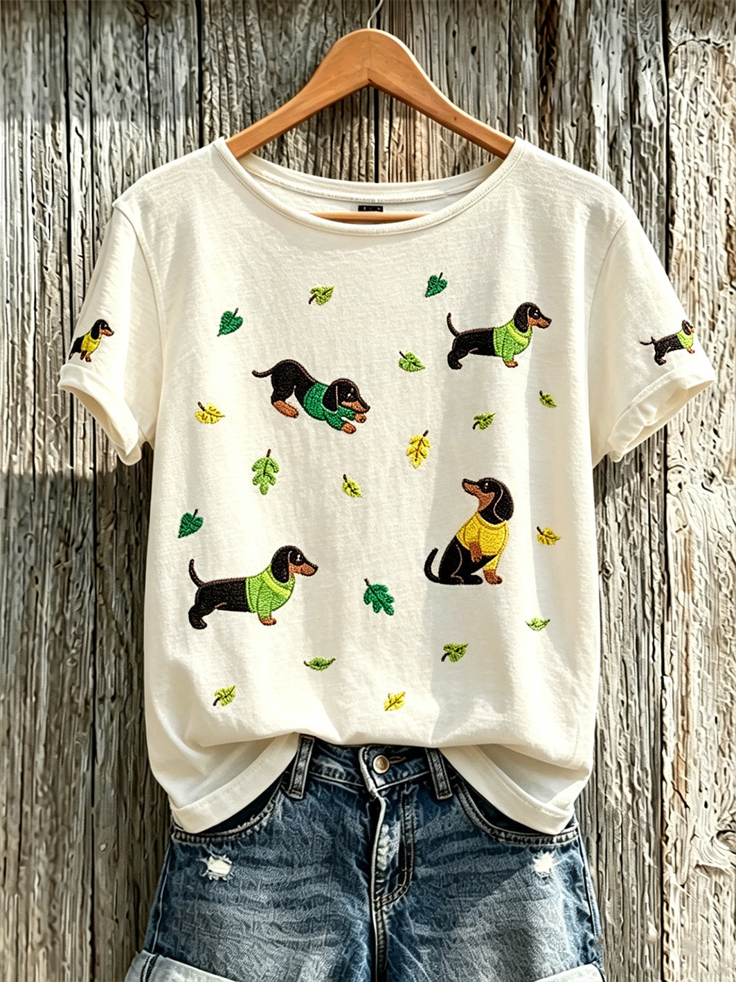 Damen-T-Shirt mit niedlichem Hunde-Muster und kurzen Ärmeln