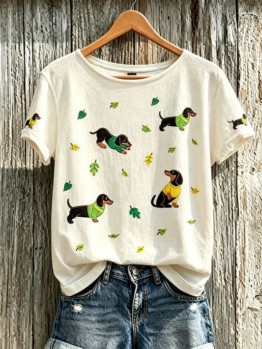 Damen-T-Shirt mit niedlichem Hunde-Muster und kurzen Ärmeln