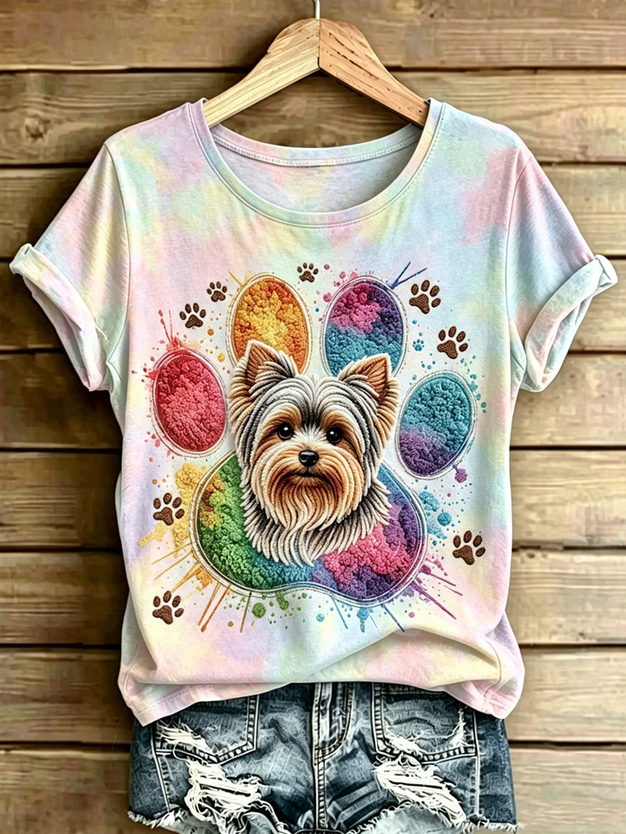 Damen Tier Hund gedruckt Vintage Mode lose kurze Ärmel T-Shirt