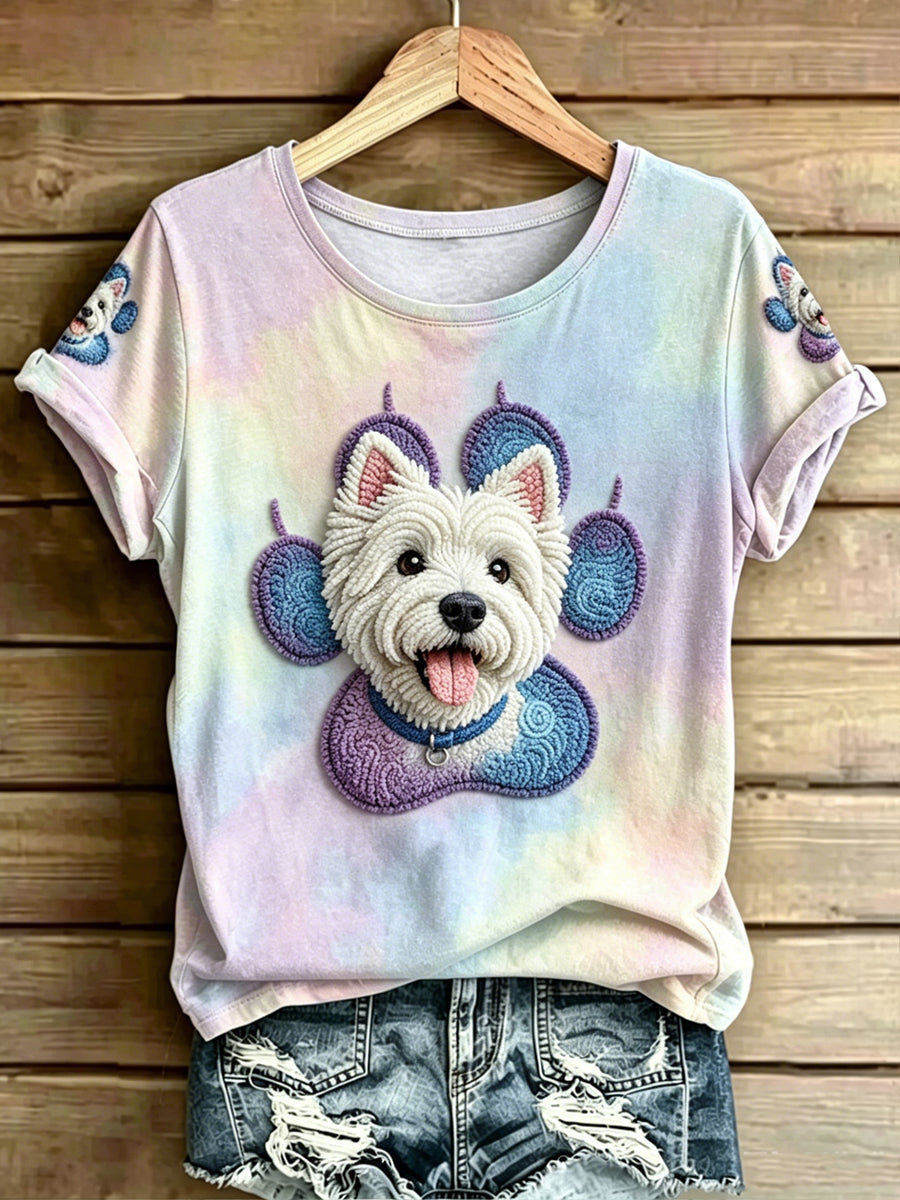 Damen-T-Shirt mit tierischem Hundemuster, im Vintage-Stil, modisch, locker geschnitten, mit kurzen Ärmeln