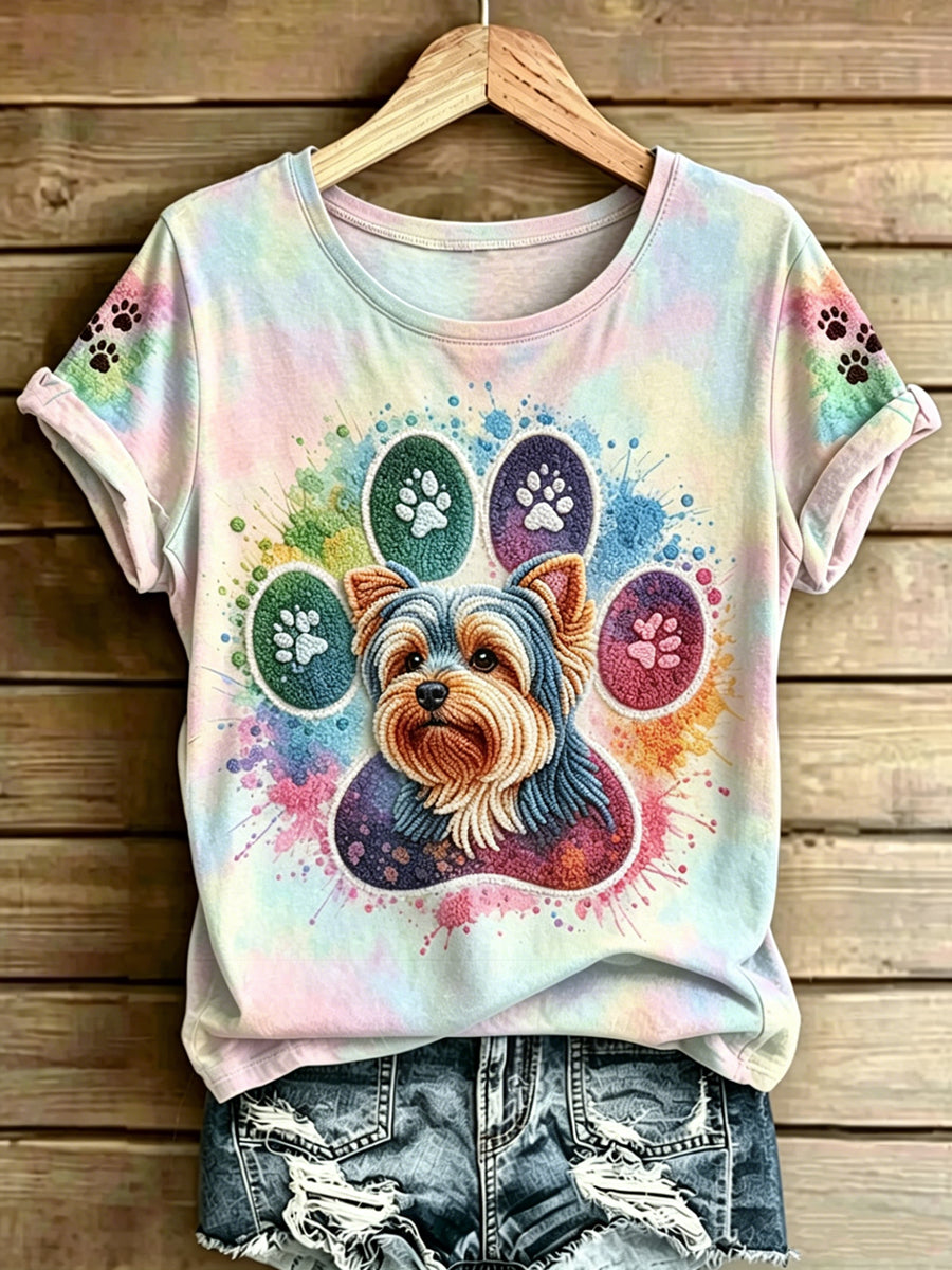 Damen-T-Shirt mit tierischem Hundemuster, im Vintage-Stil, modisch, locker geschnitten, mit kurzen Ärmeln