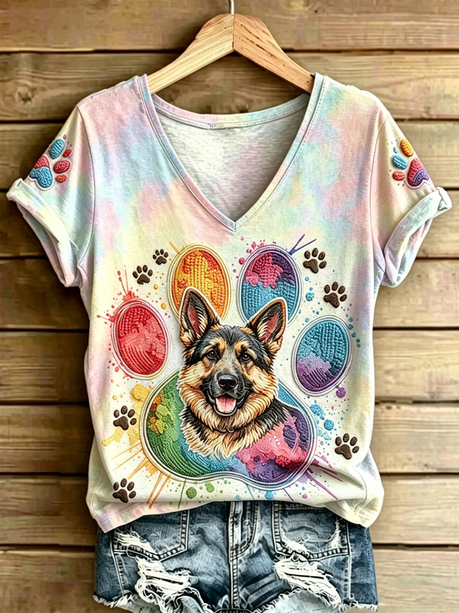 Damen-T-Shirt mit tierischem Hundemuster, im Vintage-Stil, modisch, locker geschnitten, mit kurzen Ärmeln