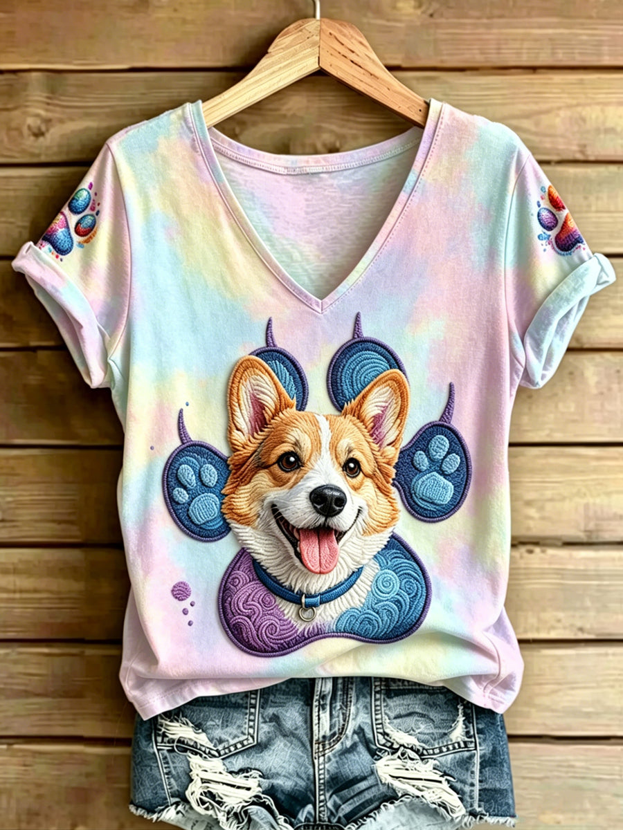 Damen-T-Shirt mit tierischem Hundemuster, im Vintage-Stil, modisch, locker geschnitten, mit kurzen Ärmeln