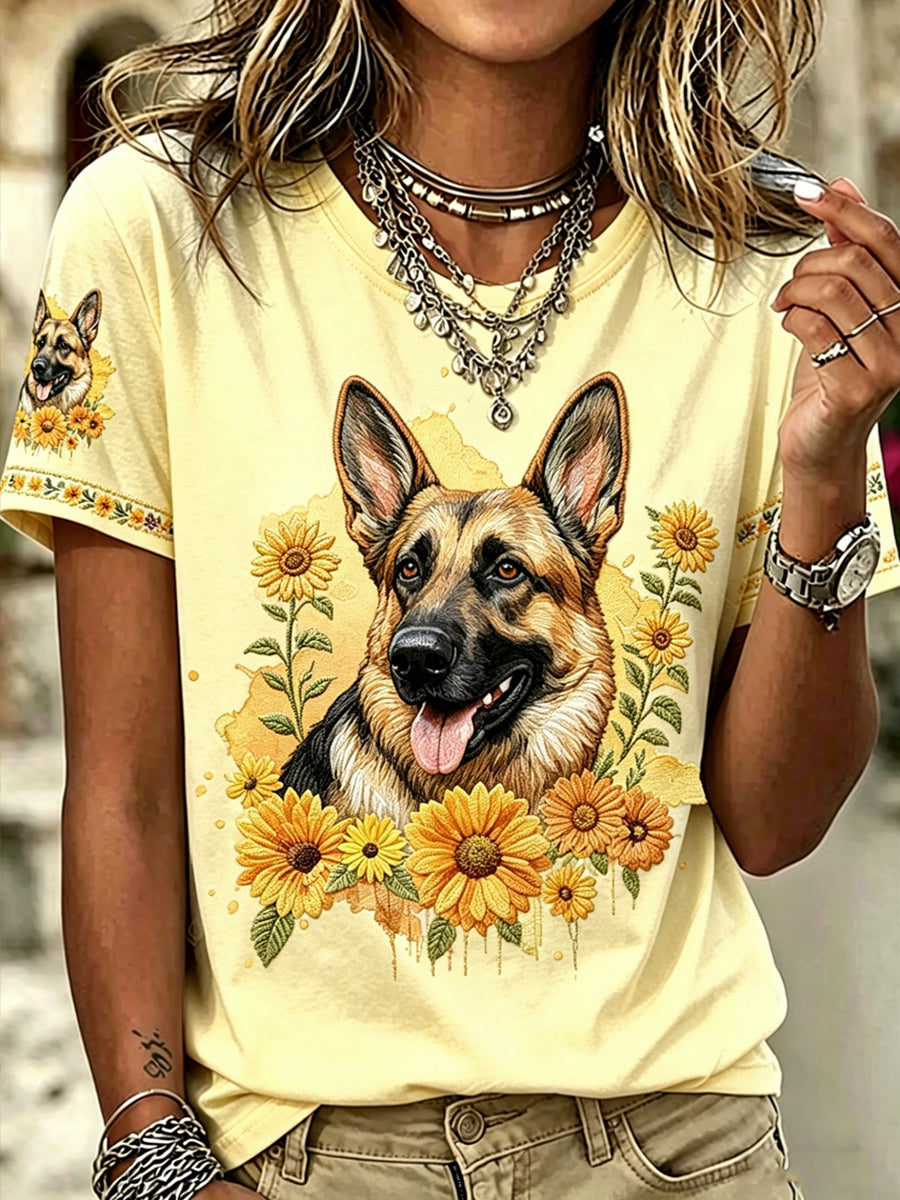 Damen Hund Deutscher Schäferhund gedruckt Vintage Mode lose Kurzarm T-Shirt
