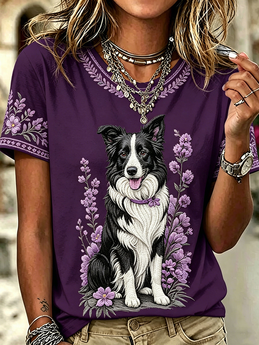 Frauen Hund Border Collie gedruckt Vintage Mode lose Kurzarm T-Shirt