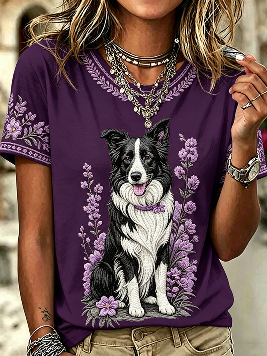 Frauen Hund Border Collie gedruckt Vintage Mode lose Kurzarm T-Shirt