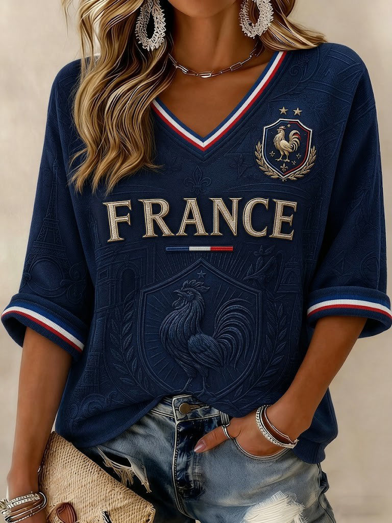 Damen T-Shirt mit V-Ausschnitt, Frankreich Fußball bedruckt, mittellange Ärmel