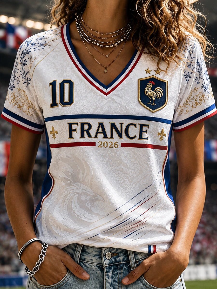 Frauen Frankreich Fußball V-Ausschnitt Off-Schulter-T-Shirt mit kurzen Ärmeln