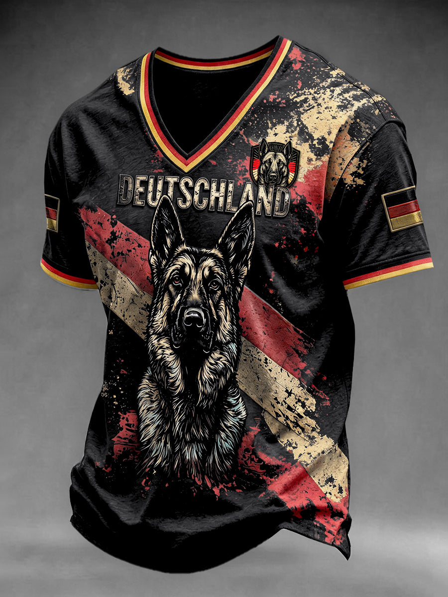 Herren-T-Shirt in Schwarz mit deutscher Flagge und Deutscher Schäferhund-Print, lässiger V-Ausschnitt