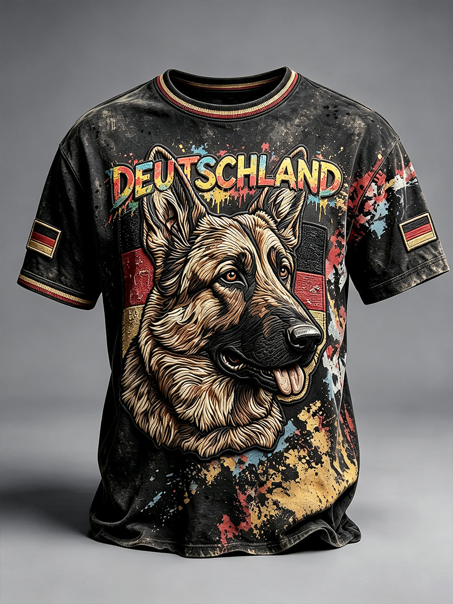 Herren-T-Shirt in Schwarz mit deutscher Flagge, Deutschem Schäferhund und Graffiti-Print – lässig und bequem