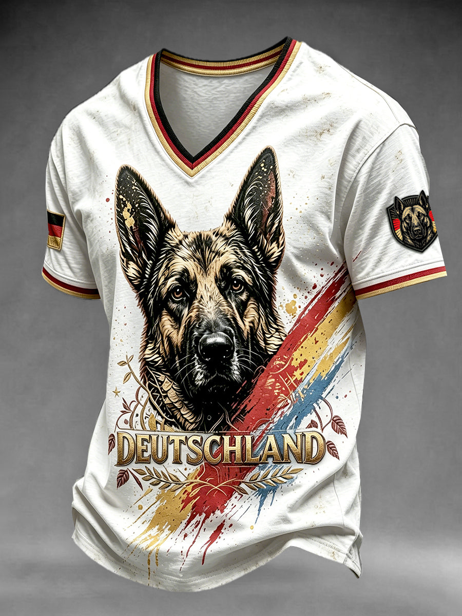 Herrenweißes Freizeit-T-Shirt mit deutscher Flagge, Deutschem Schäferhund und Graffiti-Print, V-Ausschnitt