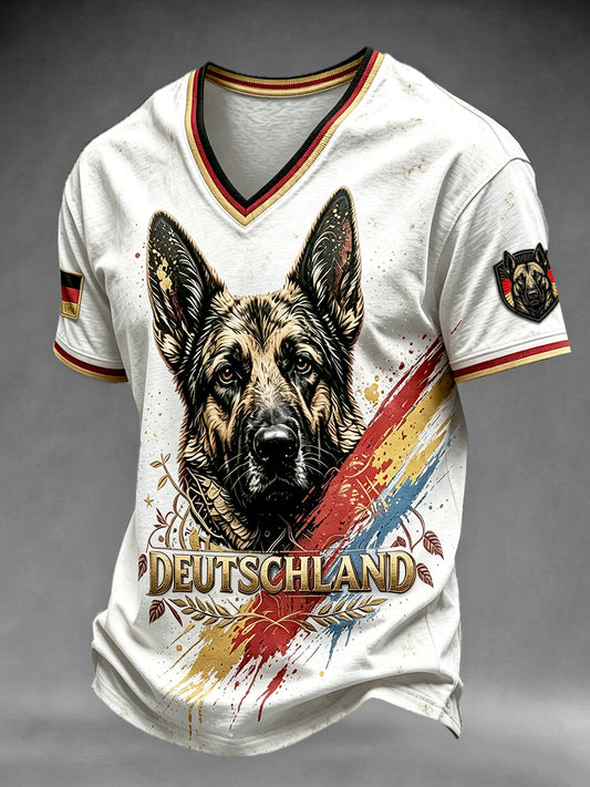 Herrenweißes Freizeit-T-Shirt mit deutscher Flagge, Deutschem Schäferhund und Graffiti-Print, V-Ausschnitt