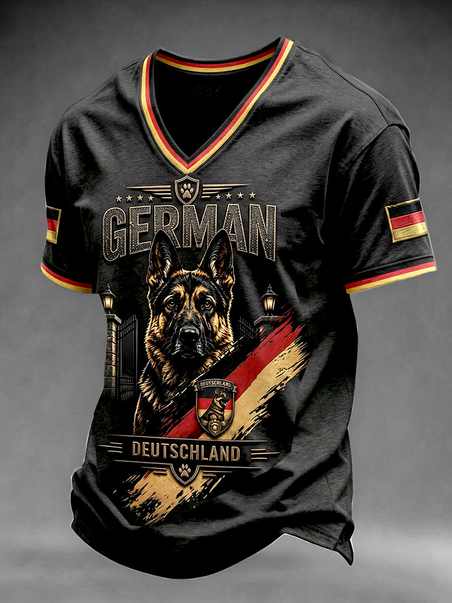 Herren-T-Shirt mit V-Ausschnitt, lässig, mit deutscher Flagge und Deutschem Schäferhund-Print