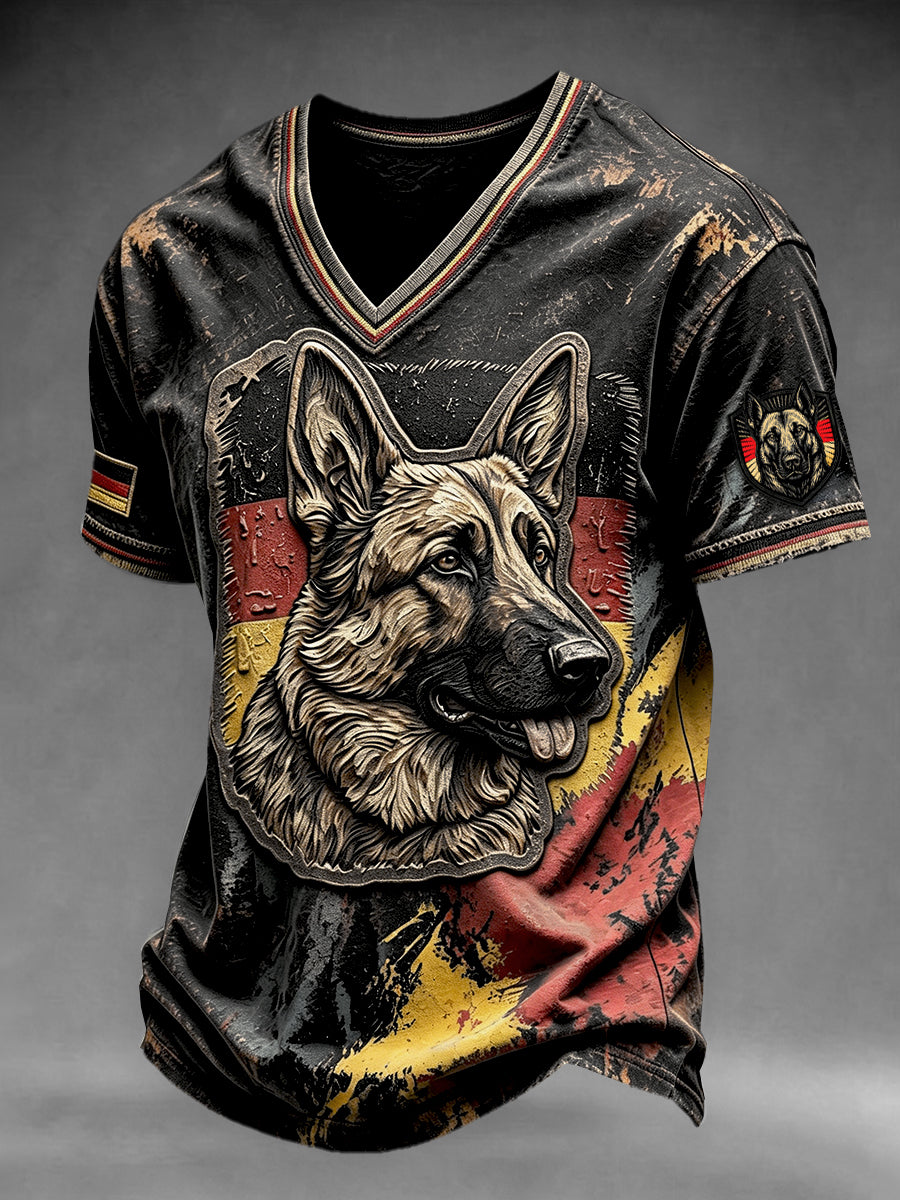 Herren-Retro-T-Shirt in Schwarz mit deutscher Flagge und Deutscher Schäferhund-Print, lässiger V-Ausschnitt