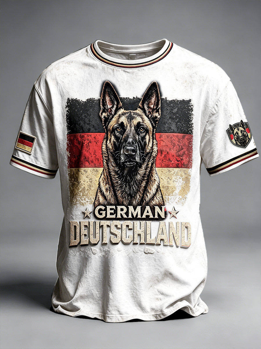 Herrenweißes Freizeit-T-Shirt mit deutscher Flagge und Deutscher Schäferhund-Print