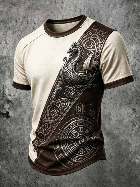 Herren Retro Viking Dragon Head Schiffs druck T-Shirt